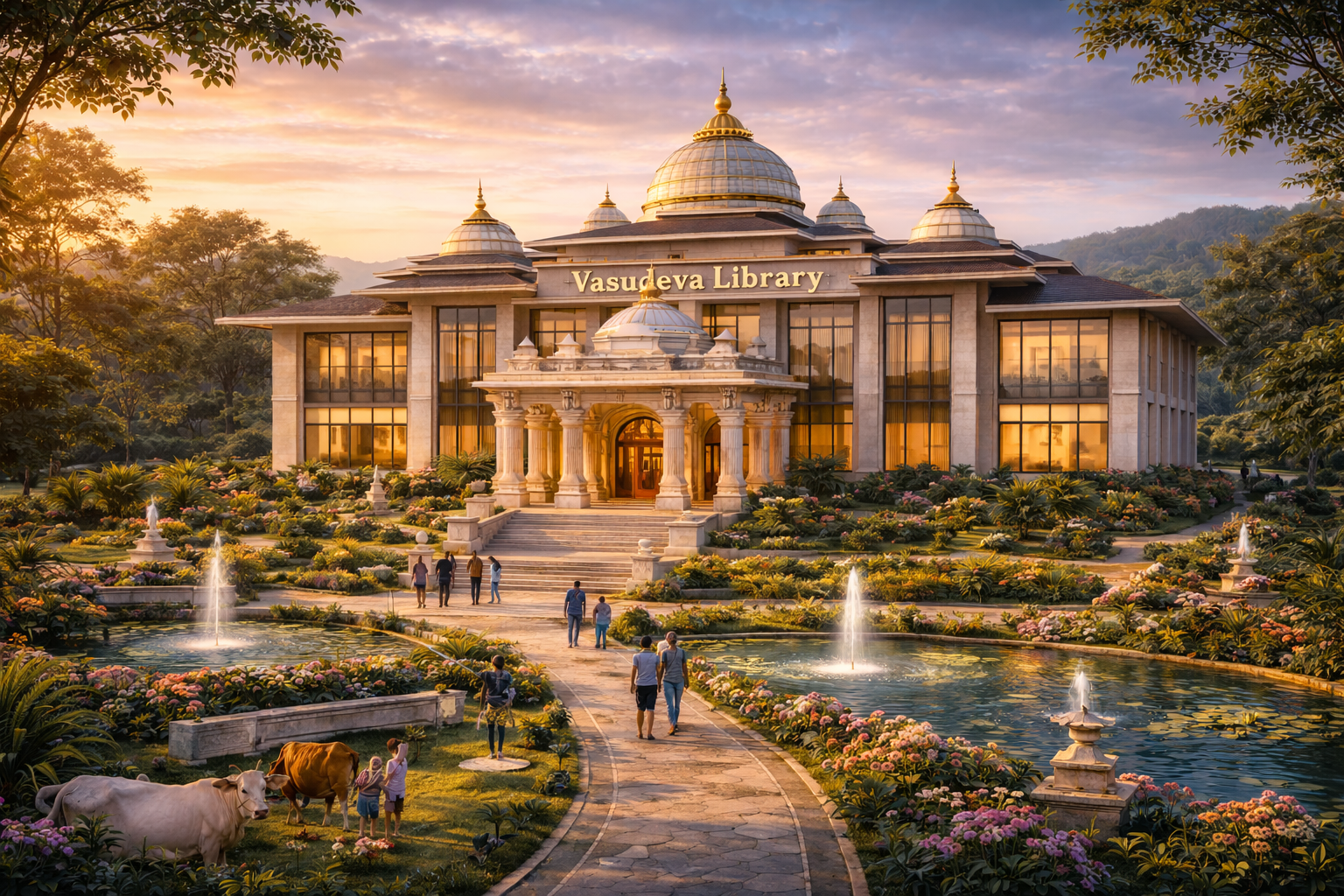 Vasudeva spiritual library interior with scripture halls and reading domes