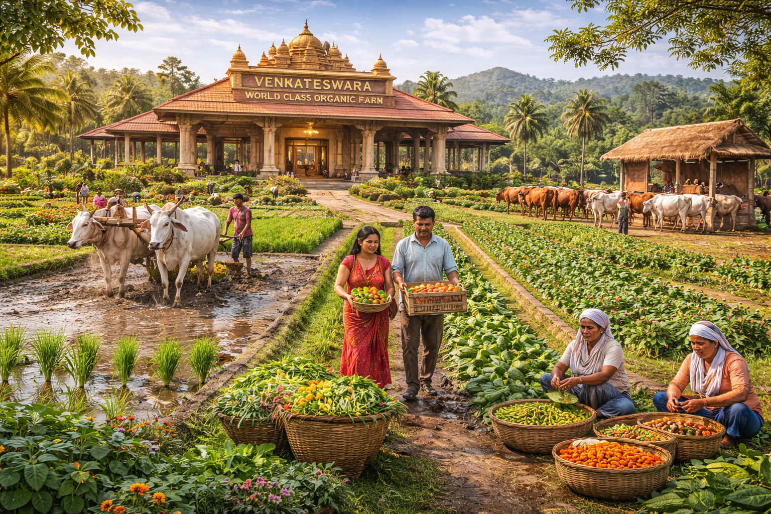 Venkateshwara organic farm fields with irrigation channels and devotional farming