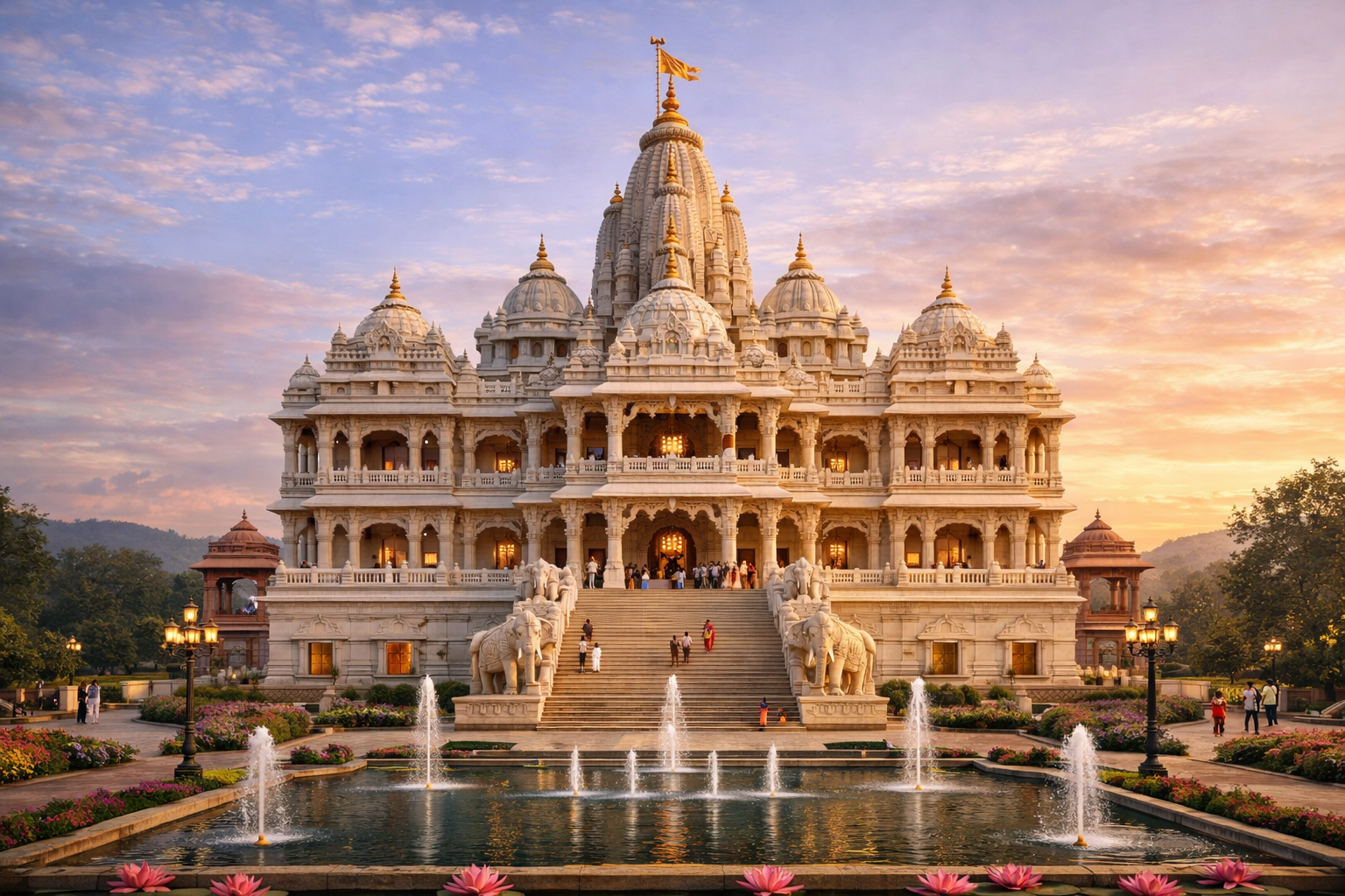 Grand Radha Krishna temple surrounded by nine smaller shrines and sacred pathways